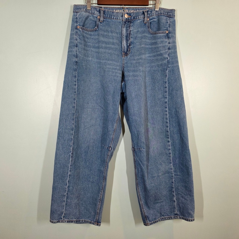 American Eagle Dreamy Drape Barrel Jeans Womens 14 Long Blue High Rise Strigid